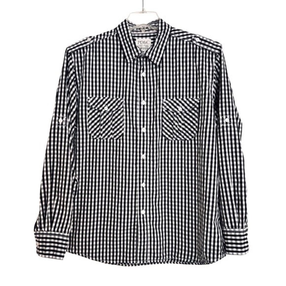 PD&C‎ Mens Black White Gingham Long Sleeve Button Down Shirt XL